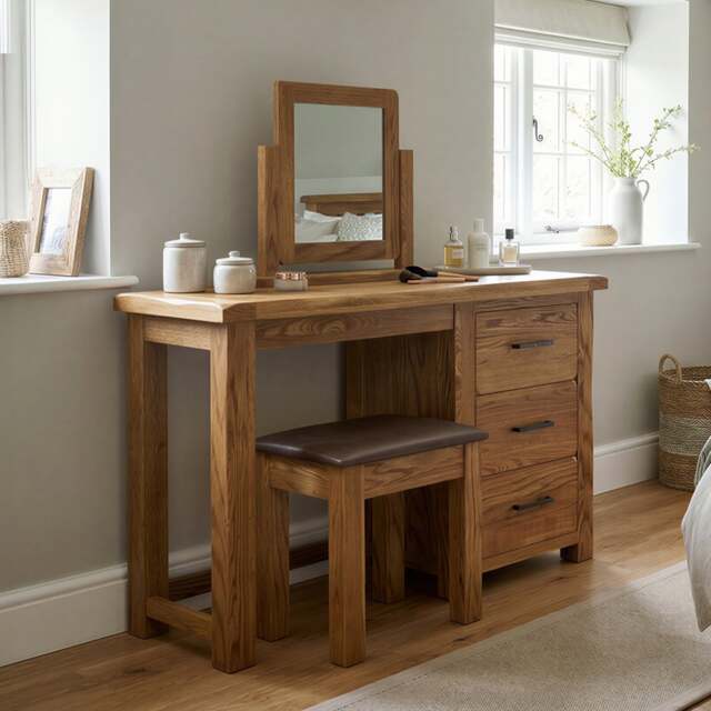 Rustic Solid Oak Dressing Table Set - Table, Mirror & Stool