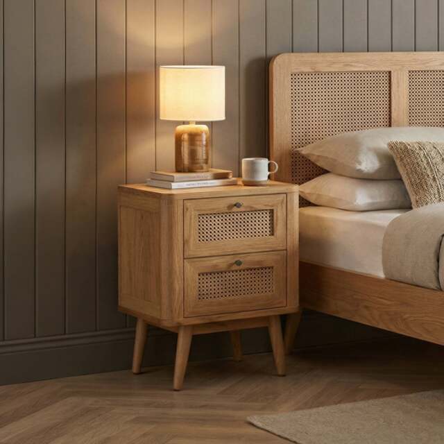 Oak Rattan 2 Drawer Bedside Chest