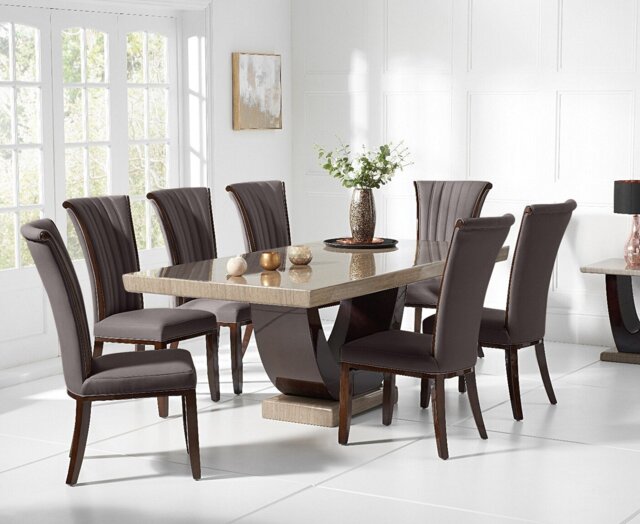 Novara 200cm Brown Pedestal Marble Dining Table with 6 Brown Lorient Chairs