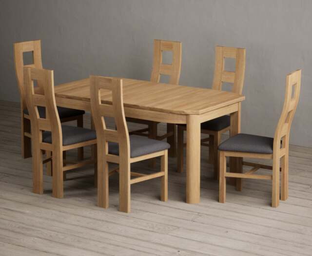 Extending Somerton 160cm Solid Oak Dining Table with 6 Charcoal Grey Natural Chairs