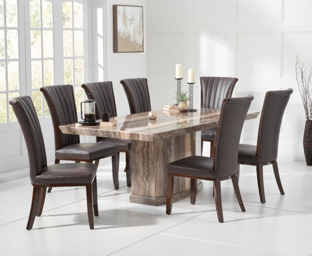 Carvelle 200cm Brown Pedestal Marble Dining Table with 6 Brown Lorient Chairs