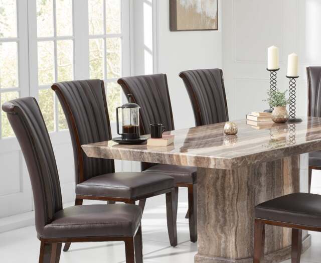 Carvelle 200cm Brown Pedestal Marble Dining Table with 6 Brown Lorient Chairs