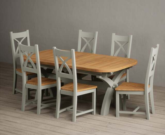 Extending Olympia 180cm Oak and Soft Green Dining Table with 6 Oak Painted Chairs