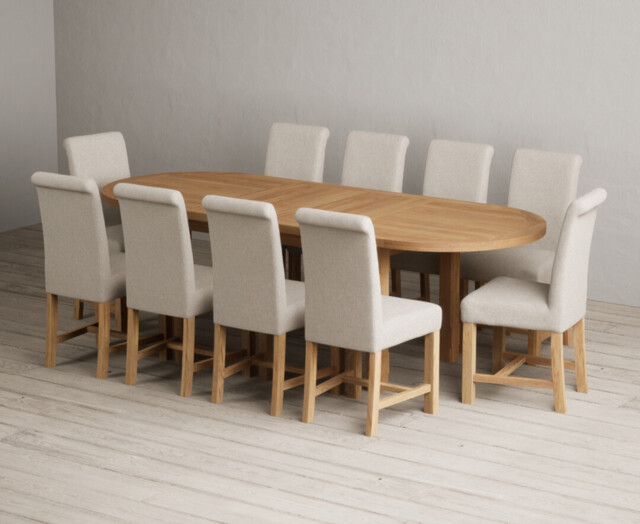 Extending Caversham Oak Oval Dining Table with 10 Natural Braced Chairs