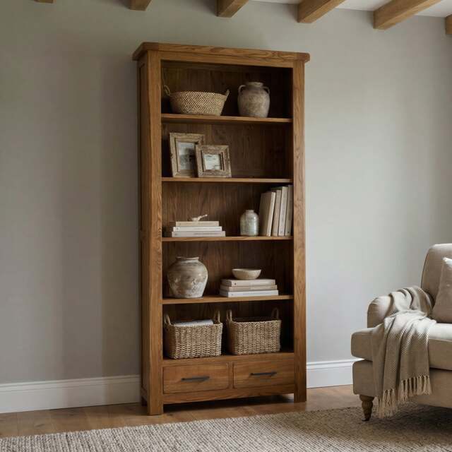 Rustic Solid Oak Tall Bookcase - 5 Shelves & 2 Dovetail Drawers