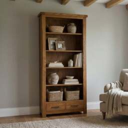 Rustic Solid Oak Tall Bookcase - 5 Shelves & 2 Dovetail Drawers