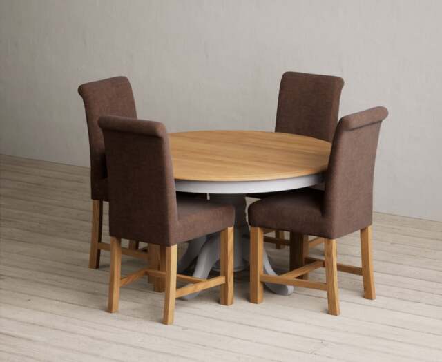 Hertford 120cm Fixed Top Oak and Light Grey Painted Dining Table with 4 Grey Braced Chairs