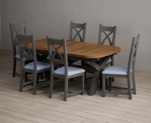 Extending Olympia 180cm Oak and Charcoal Grey Dining Table with 6 Blue Painted Chairs