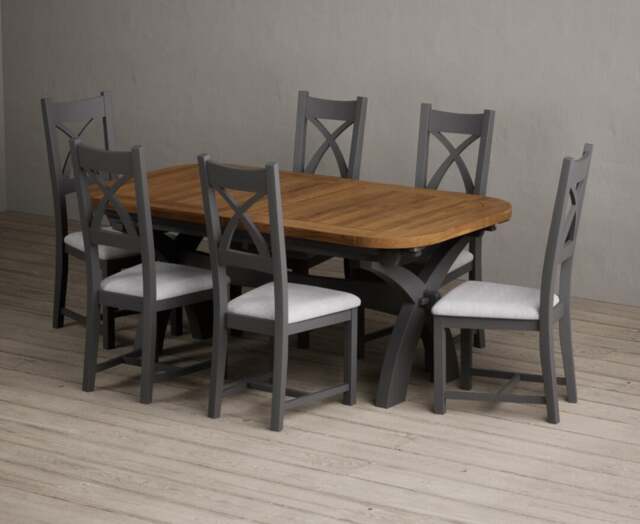 Extending Olympia 180cm Oak and Charcoal Grey Dining Table with 6 Light Grey Painted Chairs