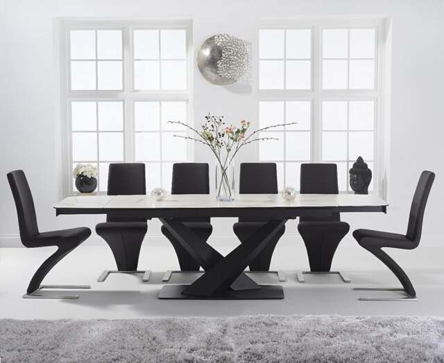 Extending Jacob 180cm White Ceramic Table with 6 Black Aldo Chairs