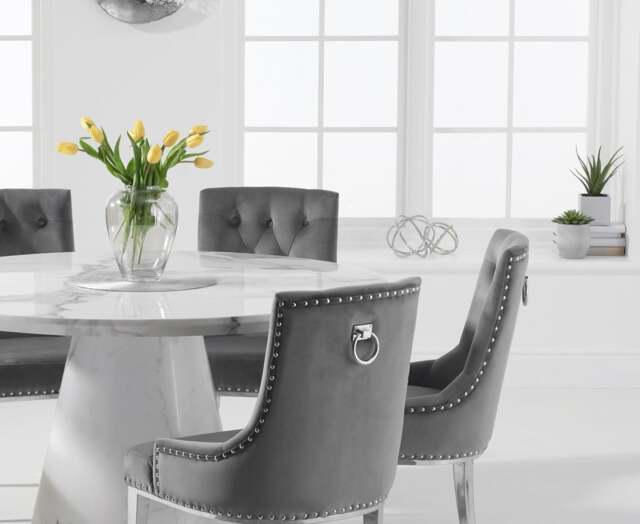 Ravello 130cm Round White Marble Dining Table with 4 Grey Sienna Chairs