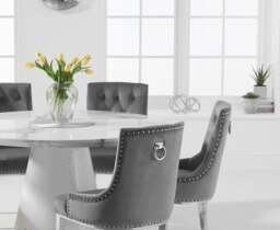 Ravello 130cm Round White Marble Dining Table with 4 Grey Sienna Chairs