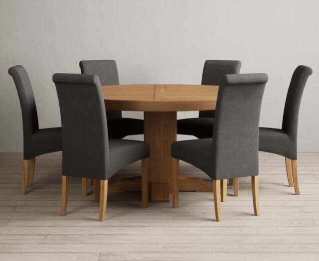 Helmsley 150cm Solid Oak Round Pedestal Dining Table with 6 Charcoal Grey Scroll Back Chairs
