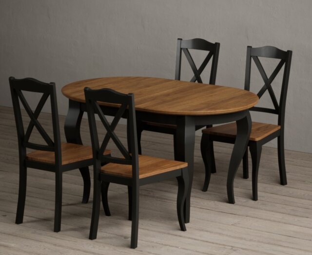 Extending Chateau Noir 140cm Oak and Black Painted Oval Dining Table with 4 Rustic Oak Chateau Noir Chairs