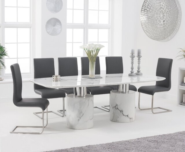 Antonio 220cm White Marble Table with 6 Grey Austin Chairs