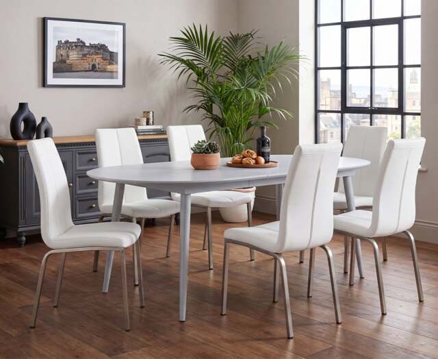 Extending Veneti Light Grey High Gloss Dining Table with 6 White Marco Chairs
