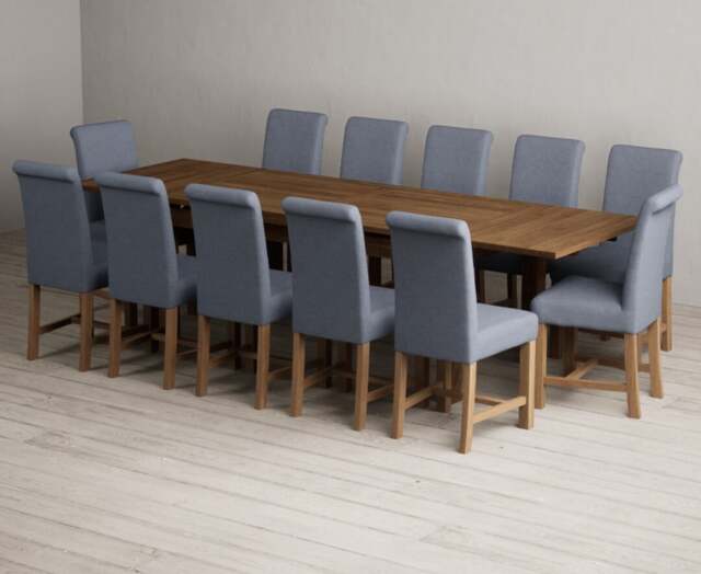 Extending Buxton 180cm Rustic Solid Oak Dining Table with 12 Blue Braced Chairs