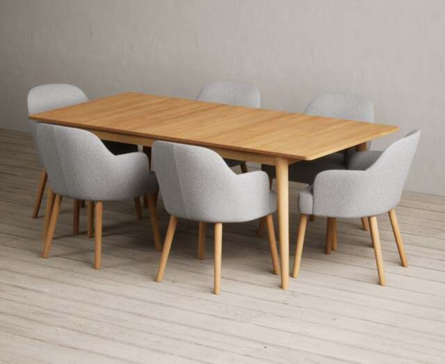 Extending Ruben 200cm Retro Oak Dining Table with 6 Light Grey Oliver Chairs