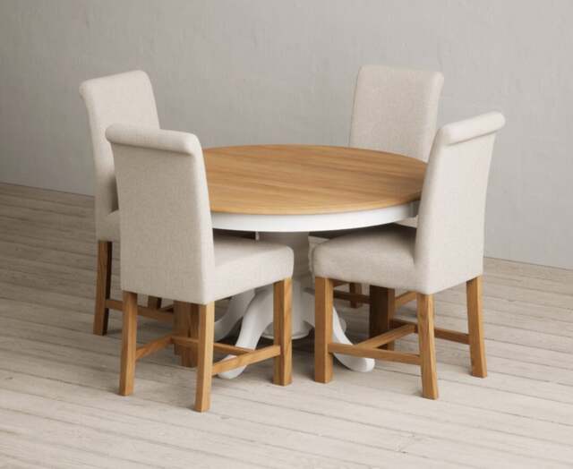 Hertford 120cm Fixed Top Oak and Signal White Painted Dining Table with 4 Natural Braced Chairs