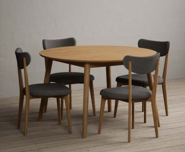 Nordic 120cm Round Solid Oak Dining Table with 4 Grey Nordic Chairs