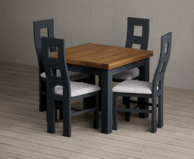 Extending Buxton 90cm Oak and Dark Blue Dining Table with 4 Light Grey Painted Chairs