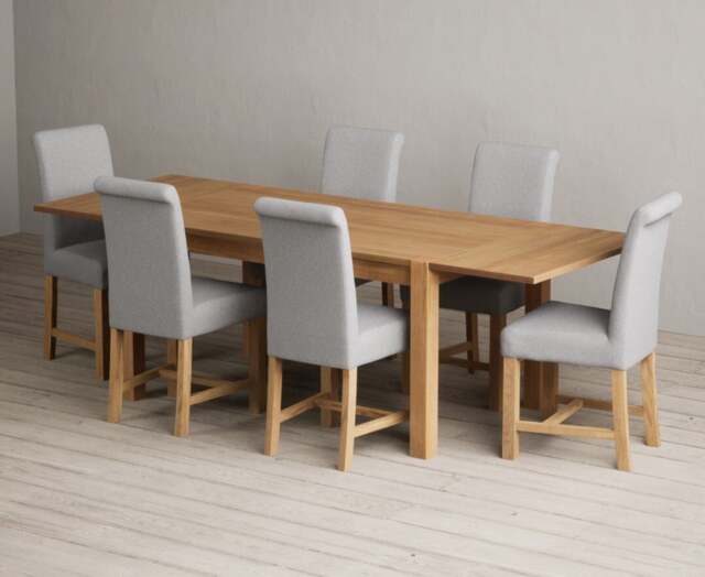 Thetford 150cm Oak Dining Table with Thetford 45cm Oak Extensions with 6 Blue Braced Chairs
