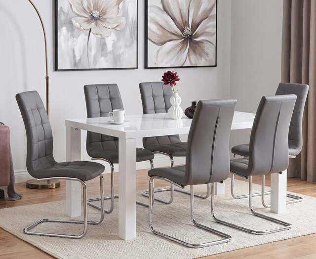 Seattle 160cm White High Gloss Dining Table with 6 Grey Vigo Chairs
