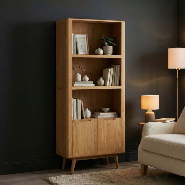 Rosa Solid Oak Tall Bookcase with Cupboard