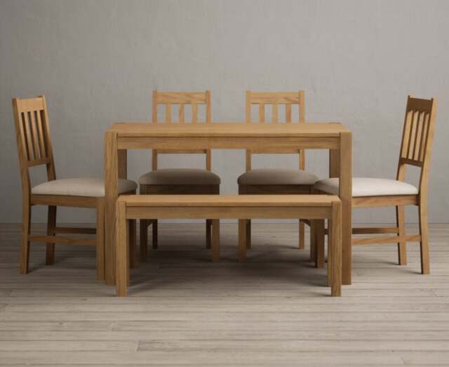 York 120cm Solid Oak Dining Table with 2 Linen York Chairs with 1 Oak Bench
