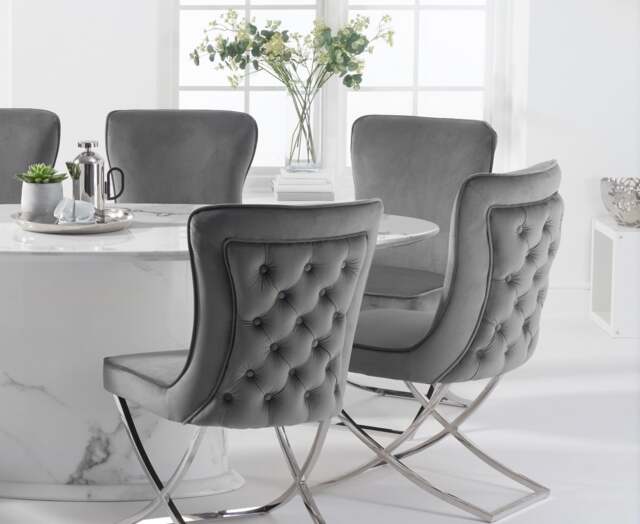 Colby 200cm Oval White Marble Dining Table with 6 Grey Lorenzo Chairs