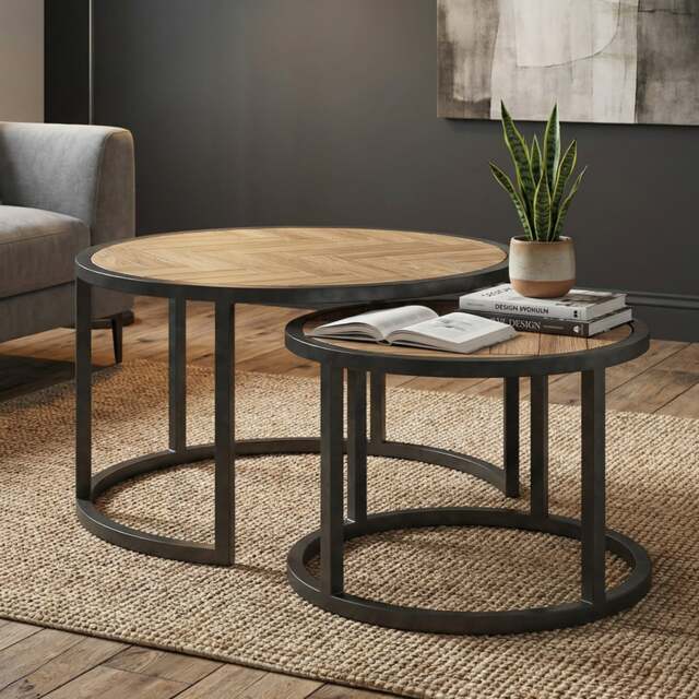 Herringbone Solid Oak Round Nest of Tables