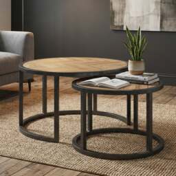 Herringbone Solid Oak Round Nest of Tables