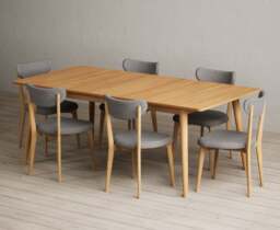 Extending Ruben 200cm Retro Oak Dining Table with 6 Grey Nordic Chairs