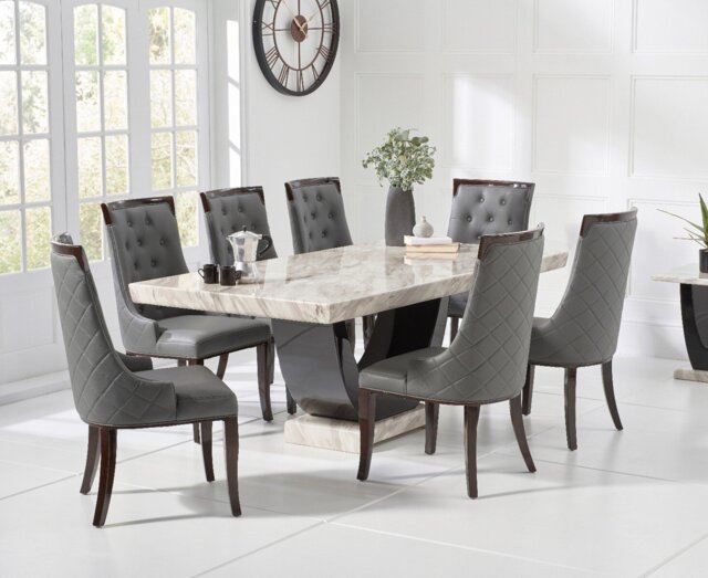 Novara 200cm Cream and Black Pedestal Marble Dining Table with 6 Grey Francesca Chairs