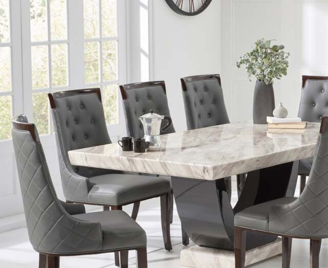Novara 200cm Cream and Black Pedestal Marble Dining Table with 6 Grey Francesca Chairs