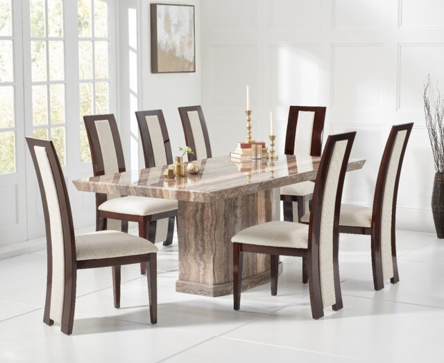 Carvelle 200cm Brown Pedestal Marble Dining Table with 6 Black Novara Chairs