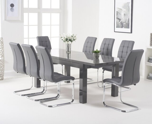 Extending Seattle Dark Grey Gloss 160-220cm Dining Table with 4 Grey Vigo Chairs