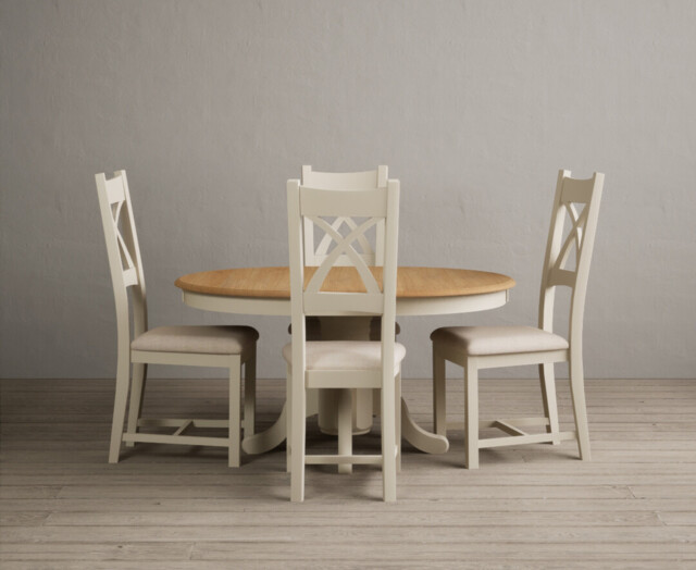 Extending Hertford 100cm - 130cm Oak and Cream Painted Pedestal Dining Table with 4 Linen Painted Chairs