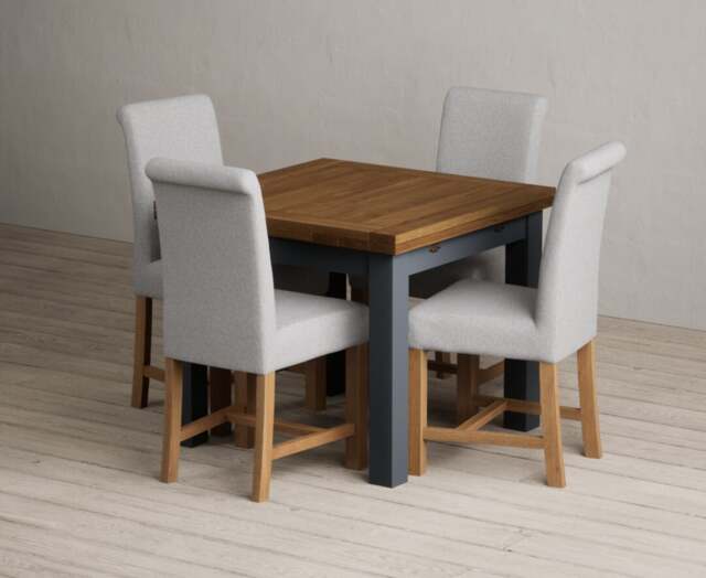 Extending Buxton 90cm Oak and Dark Blue Dining Table with 4 Grey Braced Chairs