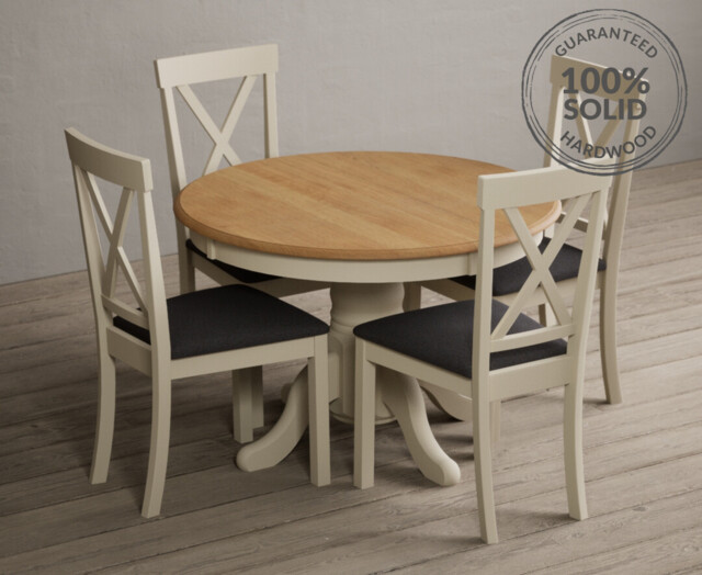 Extending Hertford 100cm - 130cm Oak and Cream Painted Pedestal Dining Table with 4 Charcoal Grey Hertford Chairs