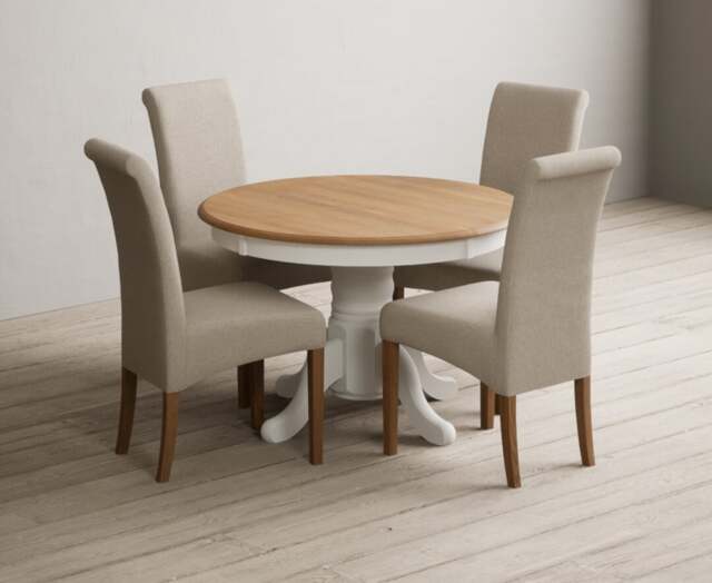 Extending Hertford 100cm - 130cm Oak and Signal White Painted Pedestal Dining Table with 4 Natural Scroll Back Chairs
