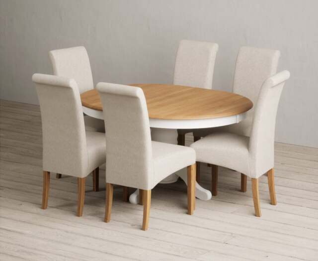 Extending Hertford 100cm - 130cm Oak and Signal White Painted Pedestal Dining Table with 4 Natural Scroll Back Chairs
