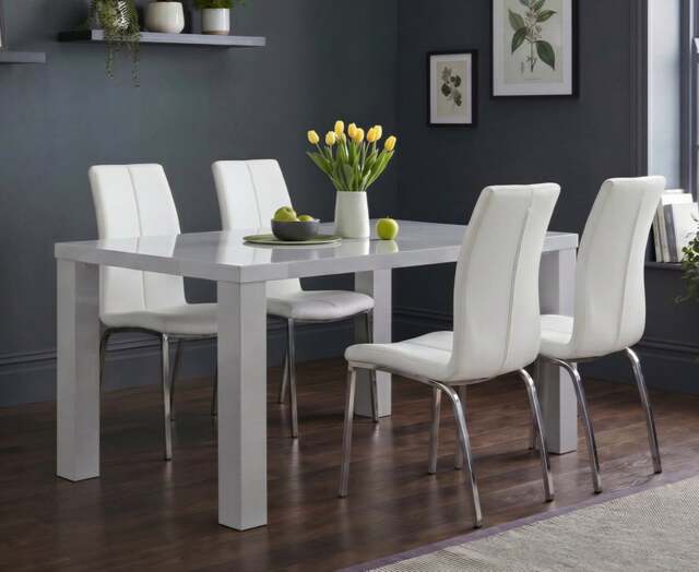Seattle 160cm Light Grey Gloss Dining Table with 4 White Marco Chairs
