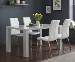 Seattle 160cm Light Grey Gloss Dining Table with 4 White Marco Chairs