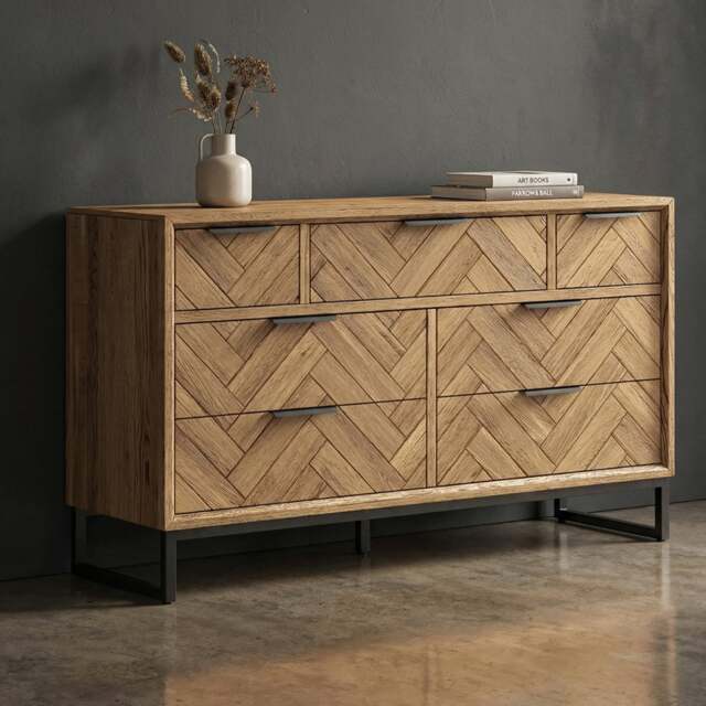 Herringbone Solid Oak Wide Chest Of Drawers