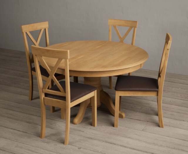 Hertford 120cm Fixed Top Solid Oak Round Pedestal Table with 4 Brown Hertford Chairs