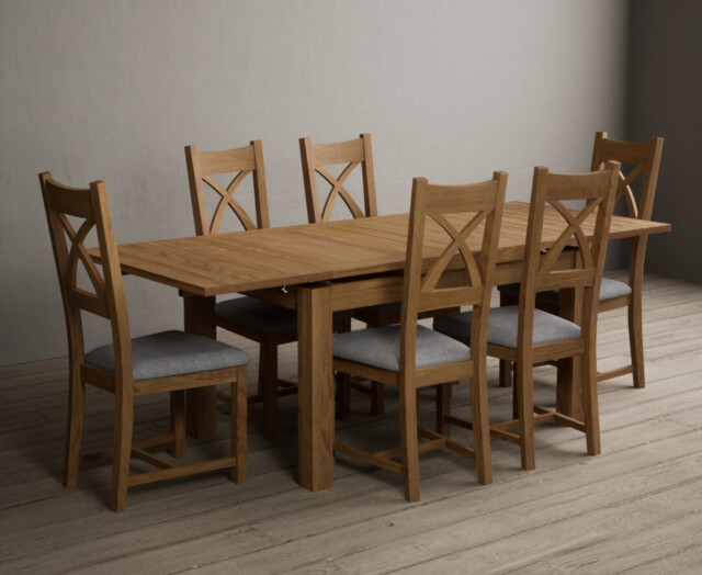 Extending Buxton 180cm Solid Oak Dining Table with 6 Light Grey Natural Solid Oak Chairs