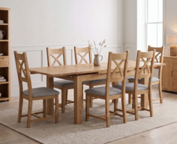 Extending Buxton 180cm Solid Oak Dining Table with 6 Light Grey Natural Solid Oak Chairs