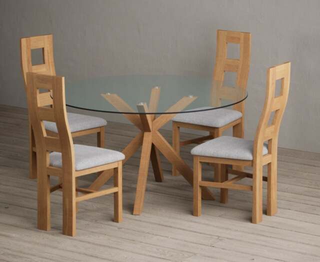 Lakelyn 140cm Round Solid Oak and Glass Dining Table with 2 Charcoal Grey Natural Chairs