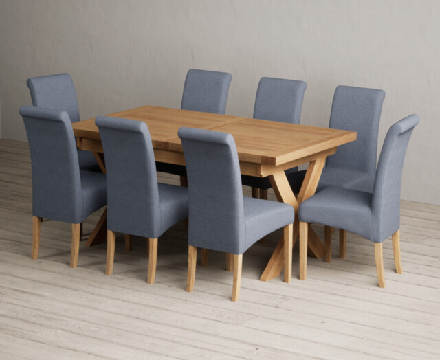 Extending Buckley 160cm Solid Oak Dining Table with 8 Blue Scroll Back Chairs
